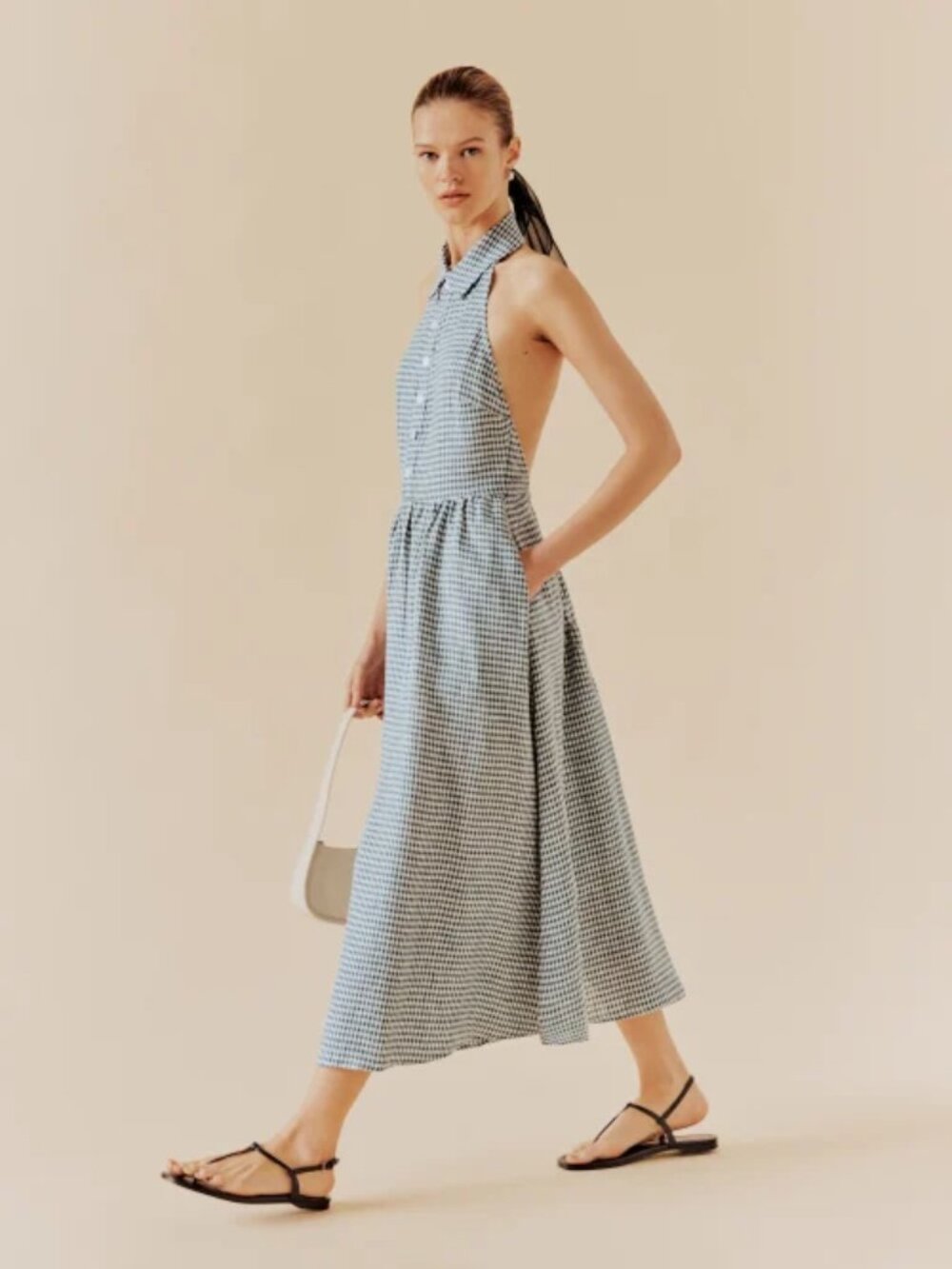 NWT Reformation Tace Linen Dress in Slate Check Navy Open Back Midi Button - Picture 2 of 10